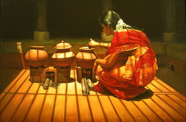 Figurative oil painting titled 'Cooking', 16x24 inches, by artist S Elayaraja on Canvas