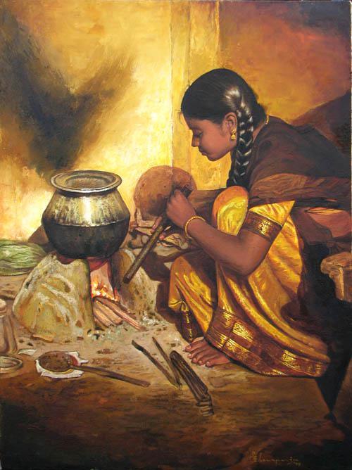 Figurative oil painting titled 'Cooking Girl', 24x18 inches, by artist S  Elayaraja on Canvas