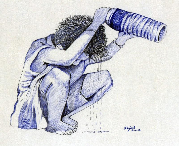 Figurative pen drawing titled 'Cooling Off', 7x5 inches, by artist Guru Rajesh on Paper