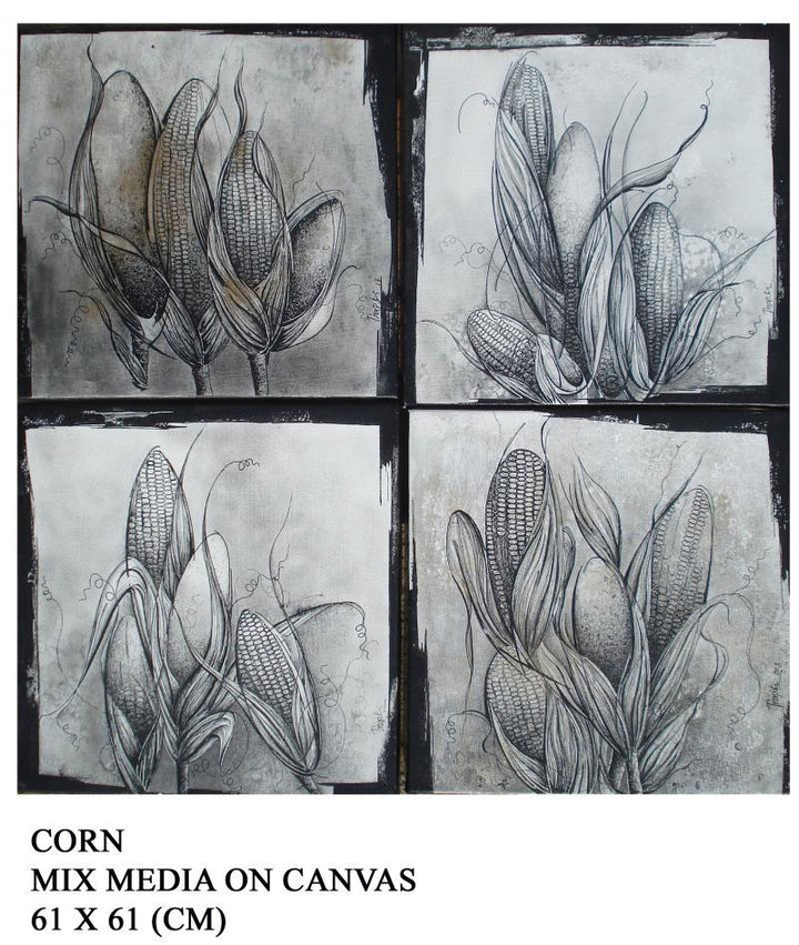 Food pencil drawing titled 'Corn', 24x24 inches, by artist Trapti Gupta on Canvas