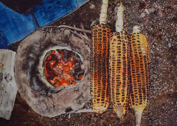 Still-life watercolor painting titled 'Corn Cob', 14x20 inches, by artist Raksha Ranganath on Paper