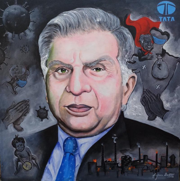 Impressionist acrylic painting titled 'Corona Fighter Ratan Tata', 30x30 inches, by artist Arjun Das on Canvas