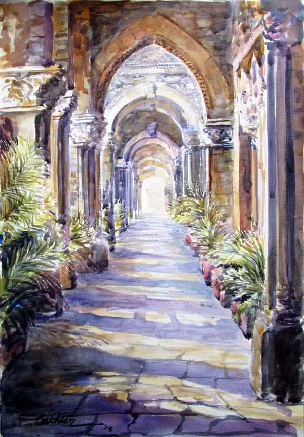 Cityscape watercolor painting titled 'Corridor', 16x24 inches, by artist Mukhtar Kazi on Paper