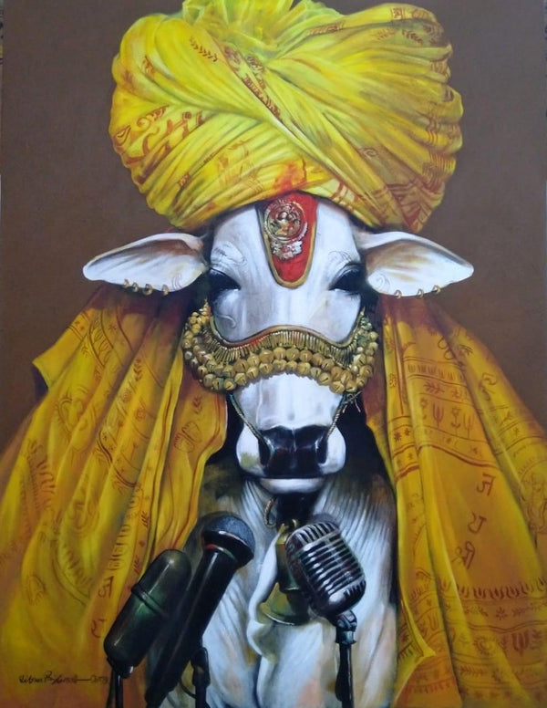 Animals acrylic painting titled 'Cosmic Cow', 48x36 inches, by artist Jiban Biswas on Canvas