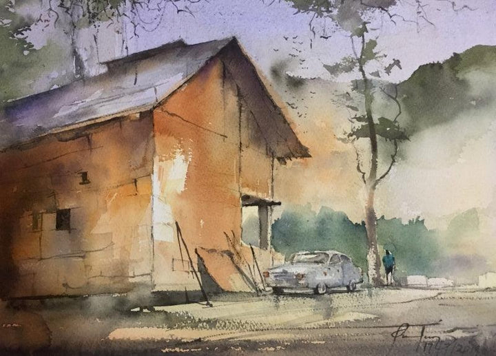 Cityscape watercolor painting titled 'Cottage At Chamba', 11x14 inches, by artist Mohd Qaseem Farooqui on Arches Paper