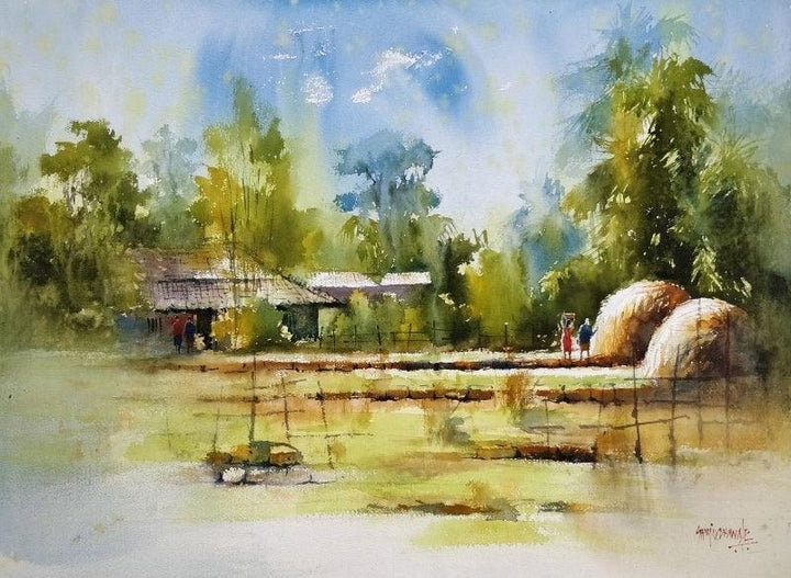 Landscape watercolor painting titled 'Countryside India', 22x30 inches, by artist Sanjay Dhawale on Paper