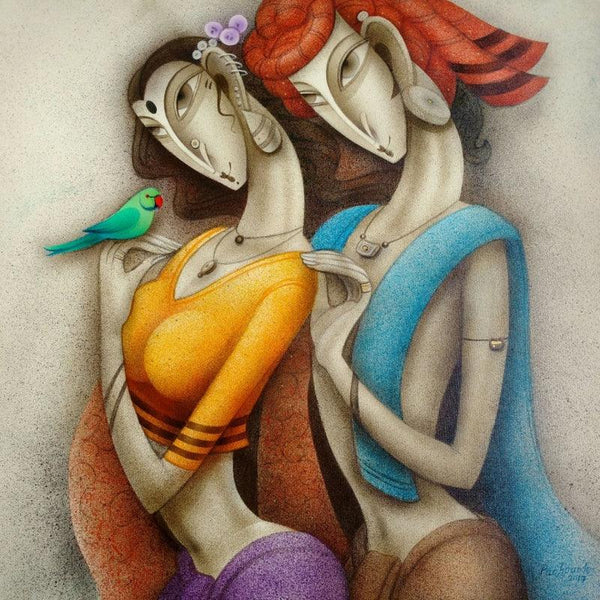 Figurative acrylic painting titled 'Couple 1', 30x30 inches, by artist Ramesh Pachpande on Canvas