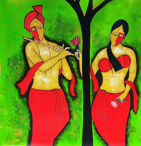 Figurative mixed media painting titled 'Couple 6', 26x26 inches, by artist Chetan Katigar on Canvas