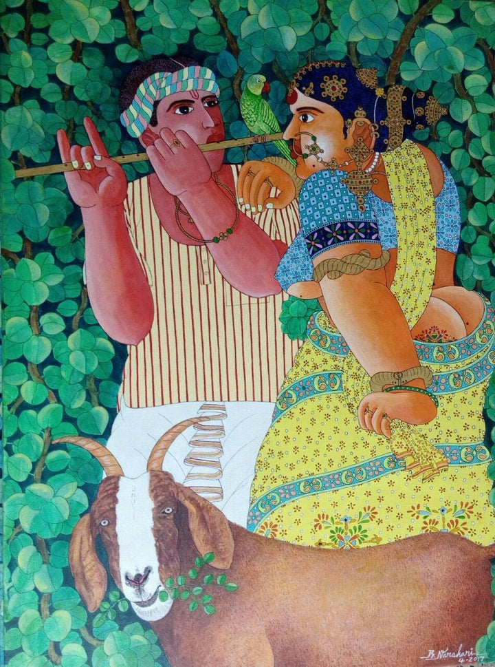 Figurative acrylic painting titled 'Couple and Goat 1', 40x30 inches, by artist Bhawandla Narahari on Canvas