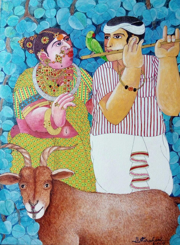 Figurative acrylic painting titled 'Couple and Goat 2', 30x24 inches, by artist Bhawandla Narahari on Canvas