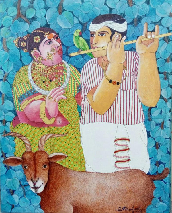 Figurative acrylic painting titled 'Couple and Goat 3', 30x24 inches, by artist Bhawandla Narahari on Canvas