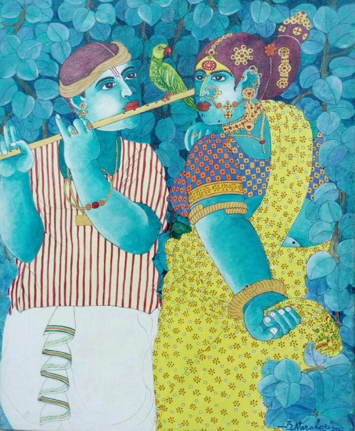 Figurative acrylic painting titled 'Couple and Parrot 1', 30x24 inches, by artist Bhawandla Narahari on Canvas