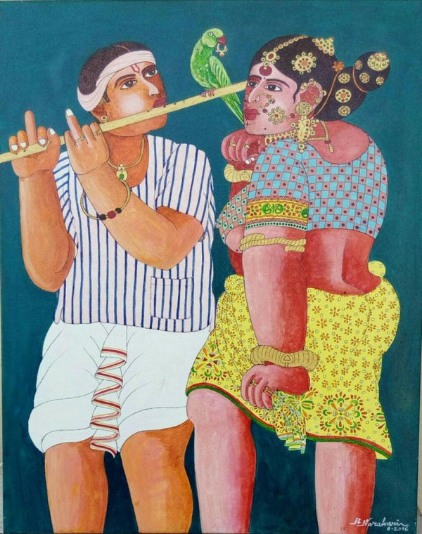 Figurative acrylic painting titled 'Couple and Parrot 2', 30x24 inches, by artist Bhawandla Narahari on Canvas