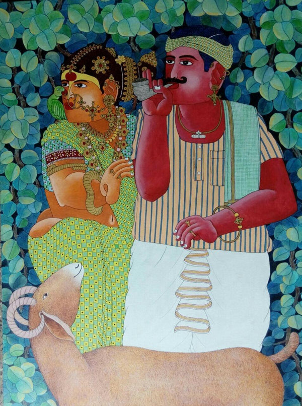 Figurative acrylic painting titled 'Couple and Sheep', 40x30 inches, by artist Bhawandla Narahari on Canvas