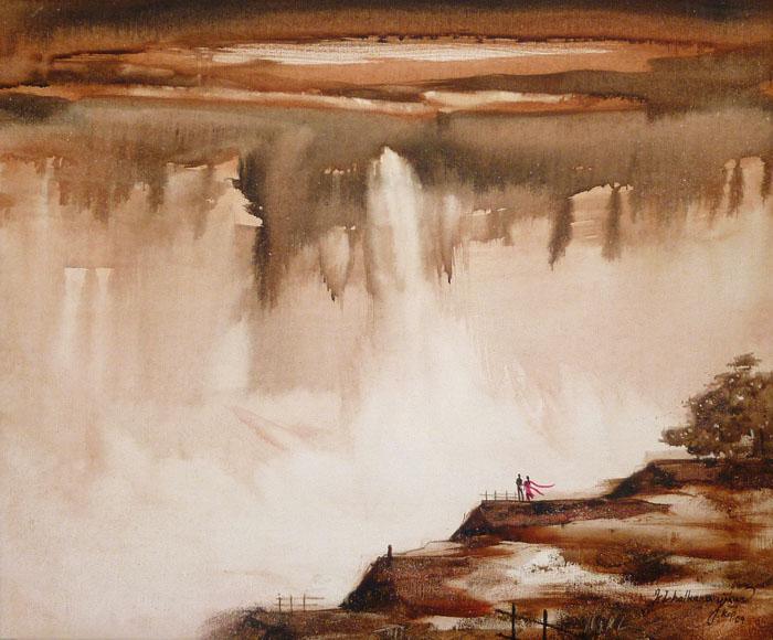 Cityscape acrylic painting titled 'Couple At The Waterfall I', 20x24 inches, by artist Javed Ichalkaranjik on Canvas