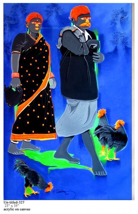 Figurative acrylic painting titled 'Couple Going To The Market', 23x35 inches, by artist Tailor Srinivas on Canvas