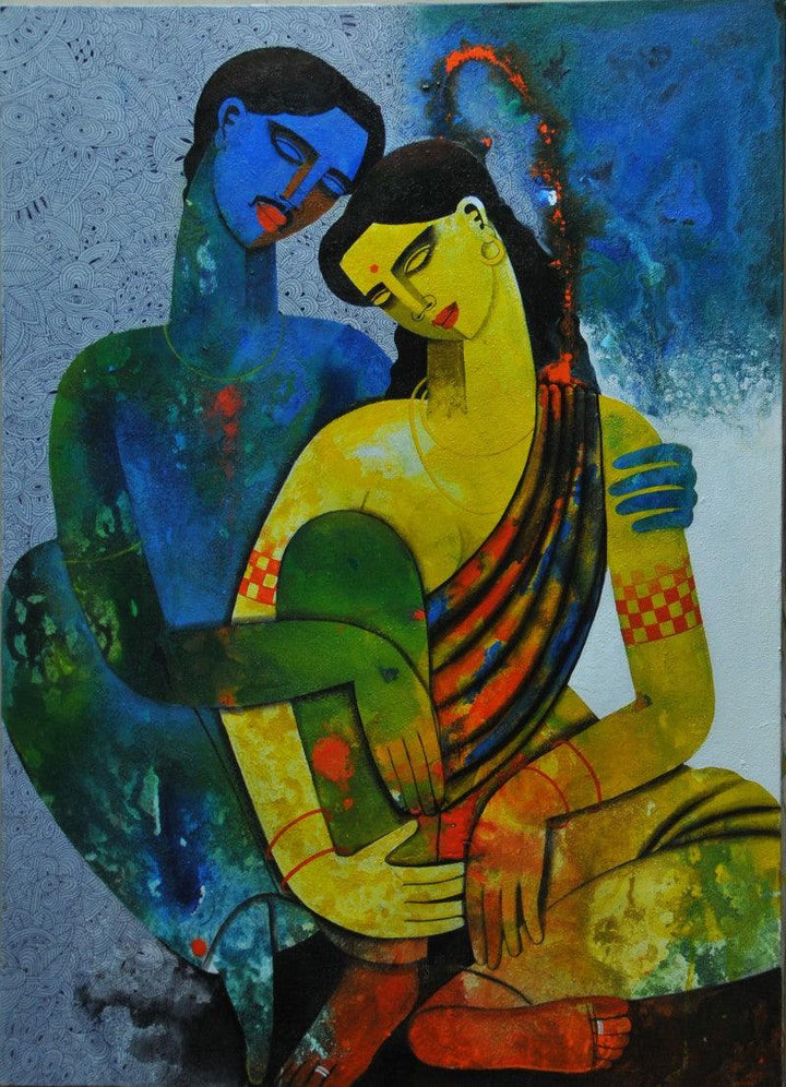 Figurative acrylic painting titled 'Couple I', 36x26 inches, by artist Appam Raghavendra on Canvas