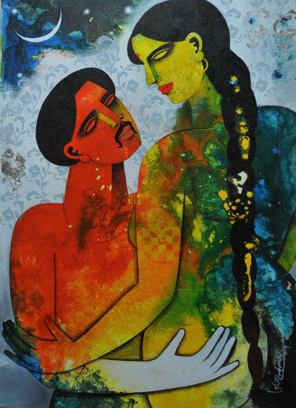 Figurative acrylic painting titled 'Couple II', 36x26 inches, by artist Appam Raghavendra on Canvas