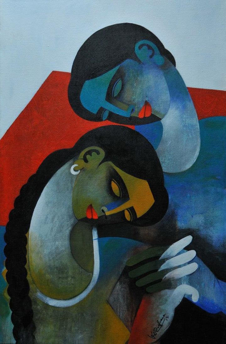 Figurative acrylic painting titled 'Couple III', 38x25 inches, by artist Appam Raghavendra on Canvas