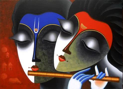 Figurative acrylic painting titled 'Couple in love of music', 36x48 inches, by artist Santosh Chattopadhyay on Canvas