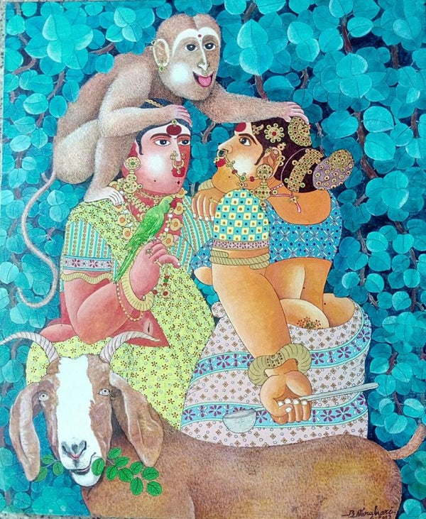 Figurative acrylic painting titled 'Couple monkey and Goat 1', 30x24 inches, by artist Bhawandla Narahari on Canvas