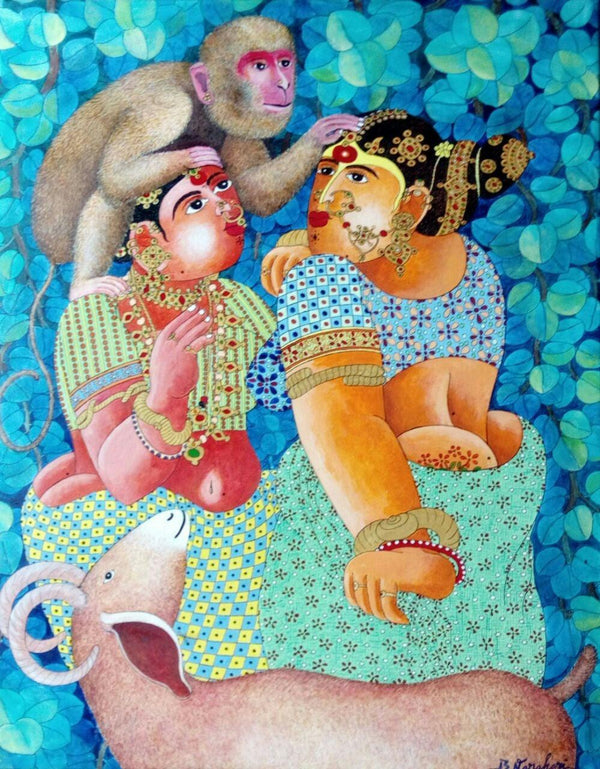 Figurative acrylic painting titled 'Couple monkey and Goat 2', 30x24 inches, by artist Bhawandla Narahari on Canvas