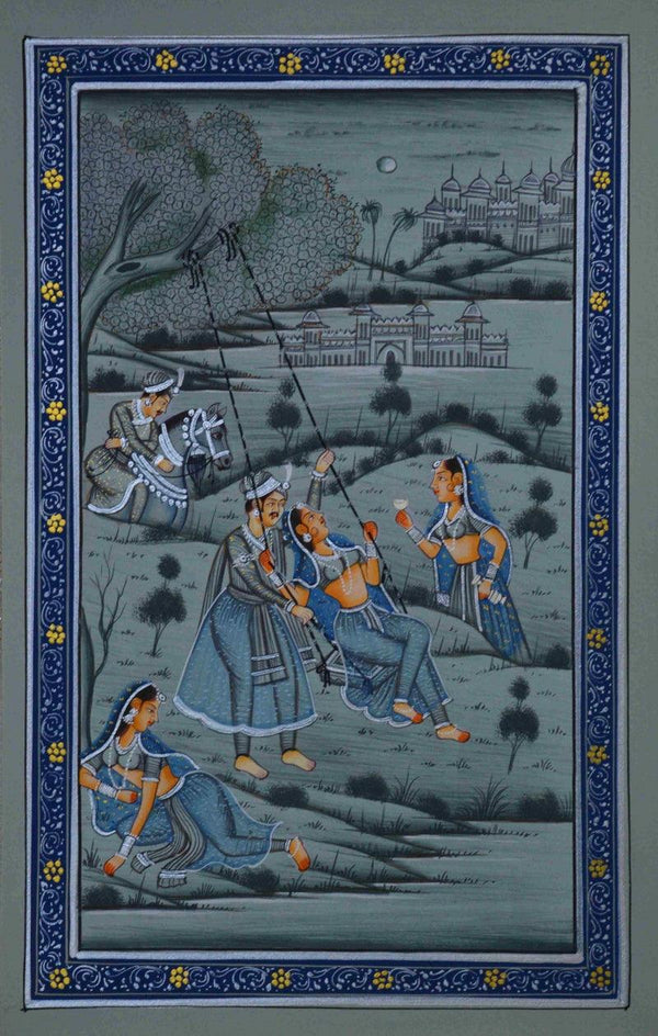 Figurative mughal traditional art titled 'Couple On Swings At Countryside', 12x9 inches, by artist Unknown on Paper