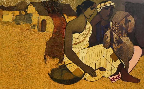 Figurative acrylic painting titled 'Couple Under The Tree I', 36x60 inches, by artist Siddharth Shingade on Canvas