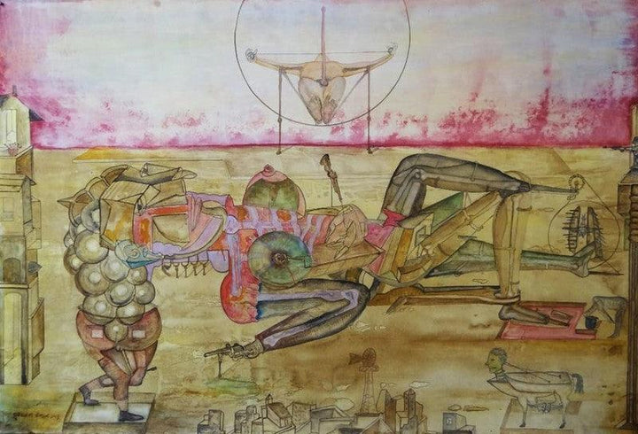 contemporary mixed media painting titled 'Couple War', 29x42 inches, by artist Hrusikesh Biswal on Acid Free Paper