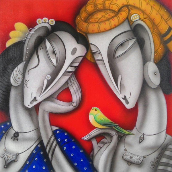 Figurative acrylic painting titled 'Couple with a Bird I', 16x16 inches, by artist Ramesh Pachpande on Canvas