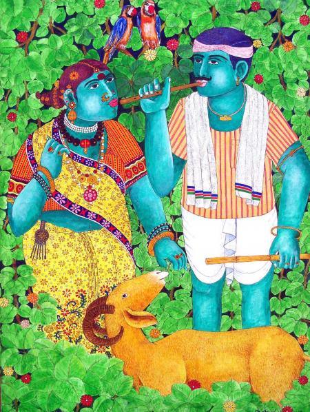 Figurative acrylic painting titled 'Couple With Goat 1', 15x20 inches, by artist Bhawandla Narahari on Canvas