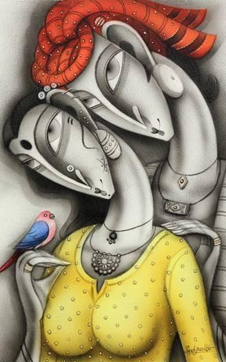 Figurative mixed media painting titled 'Couple with Orange Turban', 21x14 inches, by artist Ramesh Pachpande on Canvas