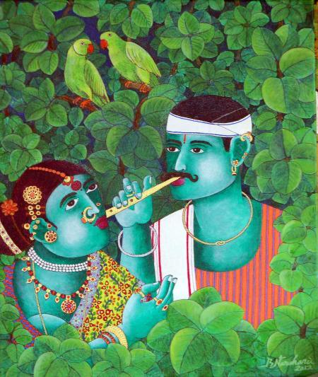 Figurative acrylic painting titled 'Couple With Parrot 1', 20x24 inches, by artist Bhawandla Narahari on Canvas