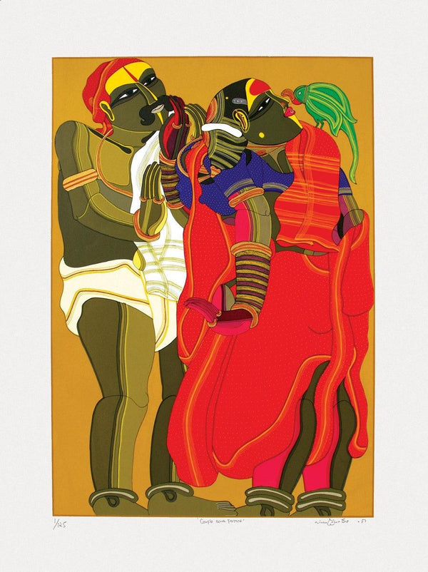 Figurative serigraphs painting titled 'Couple With Parrot', 40x30 inches, by artist Thota Vaikuntam on Paper
