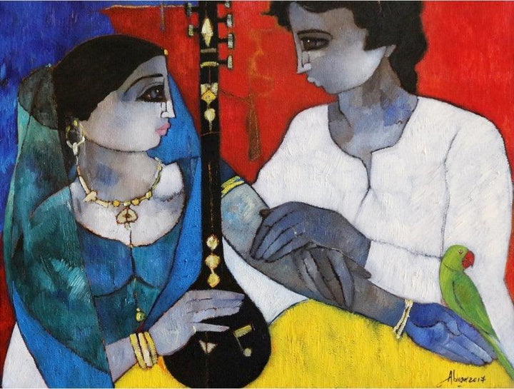 Figurative oil painting titled 'Couple With Veena', 18x24 inches, by artist Abrar Ahmed on Canvas