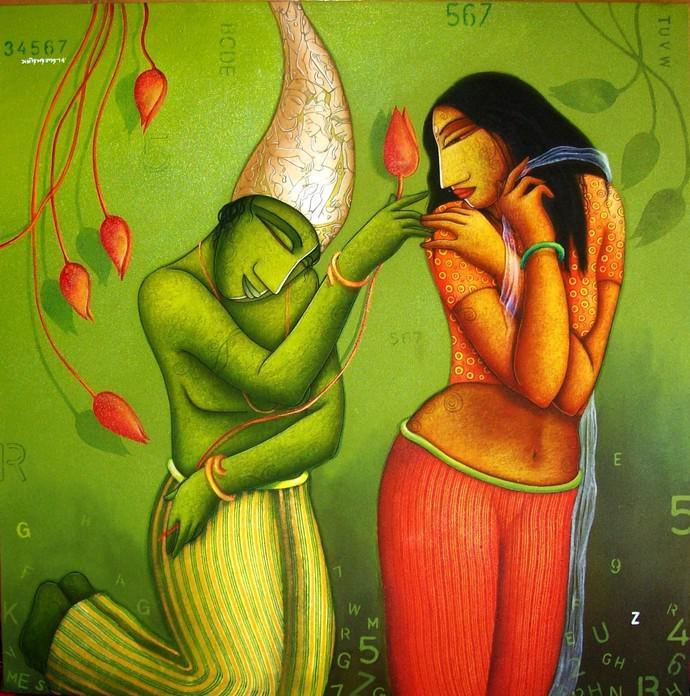 Figurative acrylic painting titled 'Courtship', 36x36 inches, by artist Samir Sarkar on Canvas