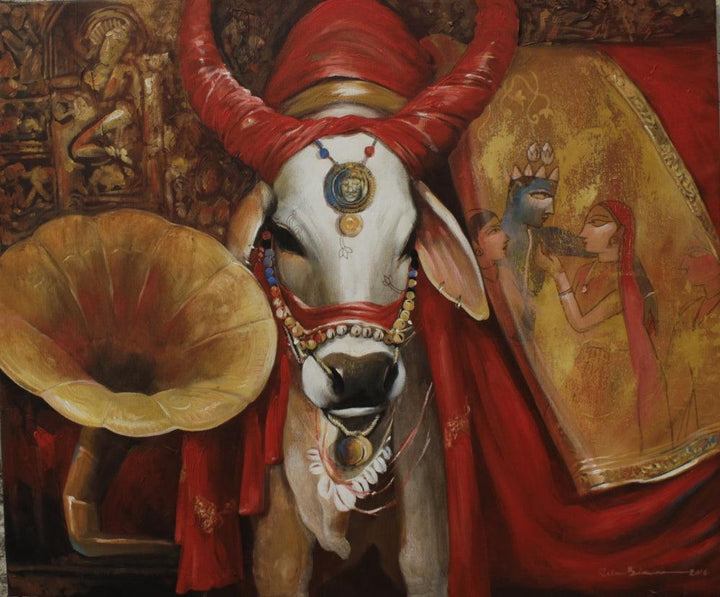 Figurative acrylic painting titled 'Cow 2', 30x36 inches, by artist Jiban Biswas on Canvas