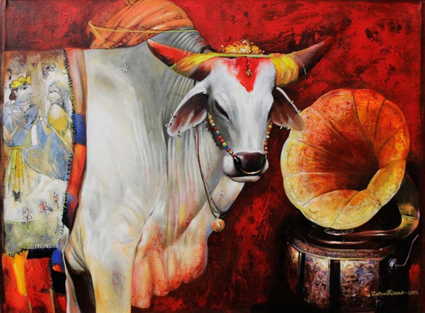 Figurative acrylic painting titled 'Cow 3', 36x48 inches, by artist Jiban Biswas on Canvas