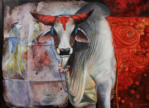 Figurative acrylic painting titled 'Cow 5', 36x48 inches, by artist Jiban Biswas on Canvas