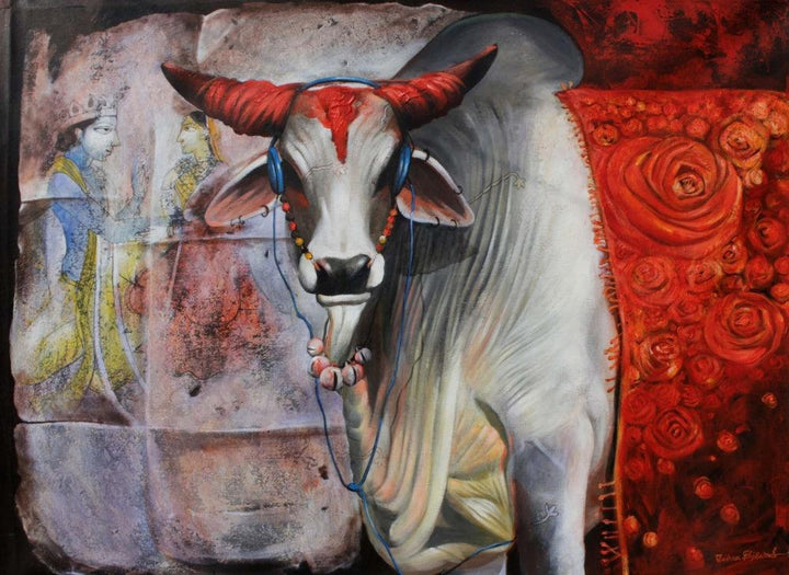 Figurative acrylic painting titled 'Cow 5', 36x48 inches, by artist Jiban Biswas on Canvas