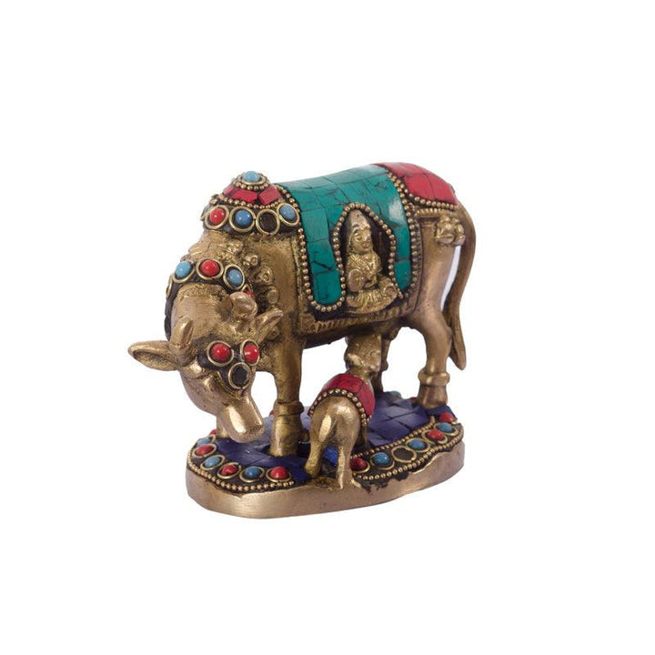 Religious handicraft titled 'Cow And Calf', 4x5x3 inches, by artist Brass Handicrafts on Brass