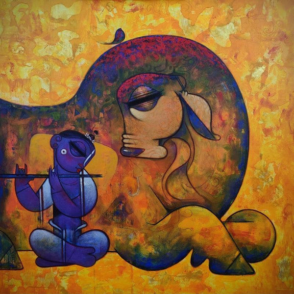 Religious acrylic painting titled 'Cow And Krishna', 48x48 inches, by artist Ramesh Gujar on Canvas