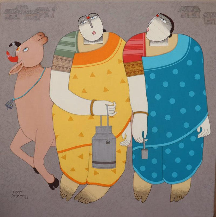 Figurative acrylic charcoal painting titled 'Cow And Women', 30x30 inches, by artist Kiran Sherkhane on Canvas