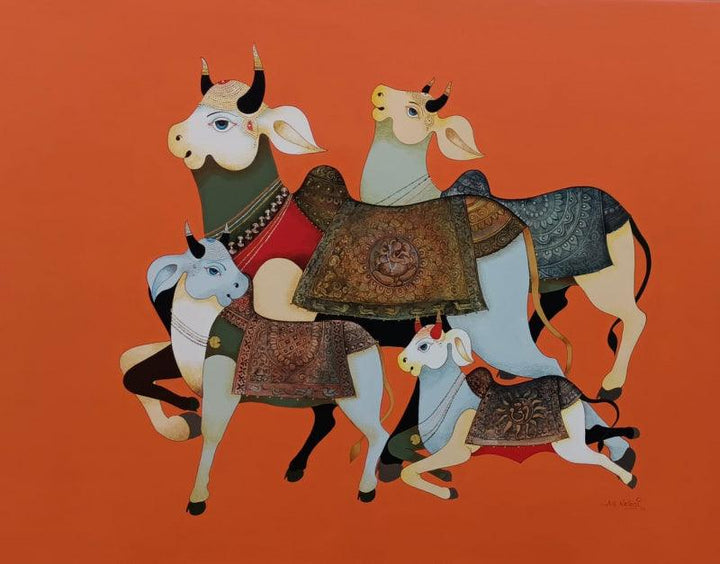 Animals acrylic painting titled 'Cow Family 3', 36x48 inches, by artist AG Nellagi on Canvas