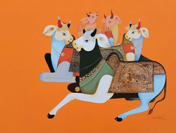 Animals acrylic painting titled 'Cow Family', 36x48 inches, by artist AG Nellagi on Canvas