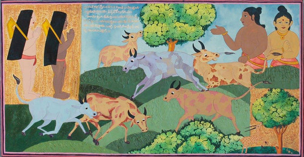 Figurative mixed media painting titled 'Cow herd and village boys in Vasantha Ma', 12x24 inches, by artist Radhika Ulluru on Paper