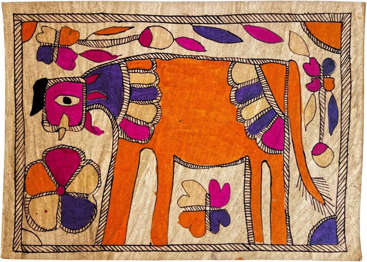 Folk Art madhubani traditional art titled 'Cow in The Meadow Madhubani Art', 8x12 inches, by artist Yamuna Devi on Handmade Paper