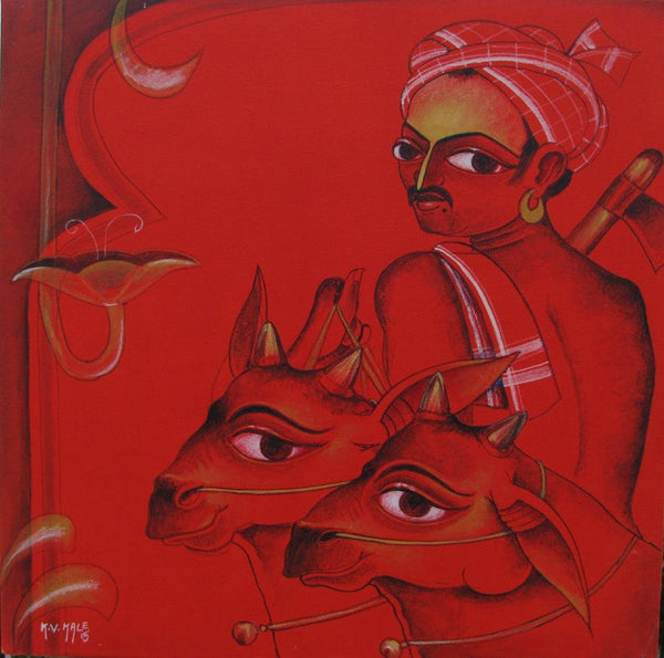 Figurative acrylic painting titled 'Cow Keeper', 24x24 inches, by artist KV Kale on Canvas