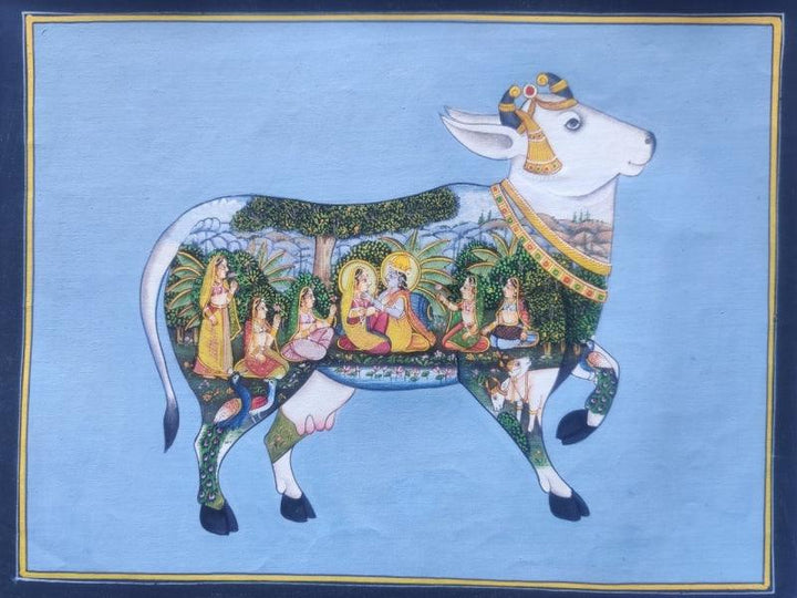 Religious miniature traditional art titled 'Cow Miniature 1', 10x13 inches, by artist Pichwai Art on Cloth