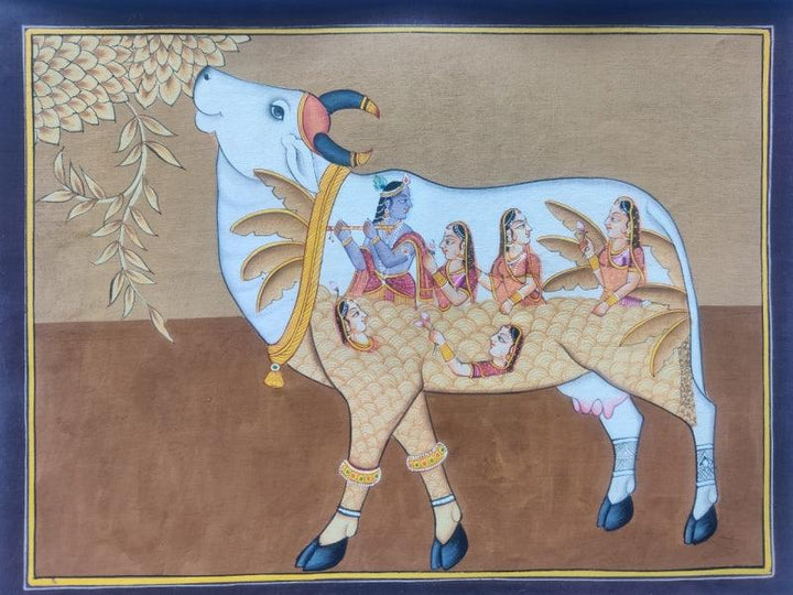 Religious miniature traditional art titled 'Cow Miniature 3', 10x13 inches, by artist Pichwai Art on Cloth